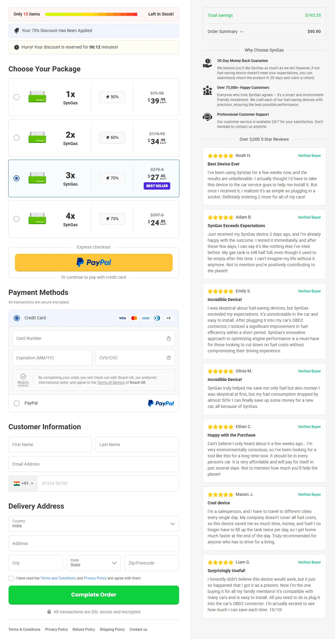 SynGas OBD Fuel Saver Secure Checkout Page
